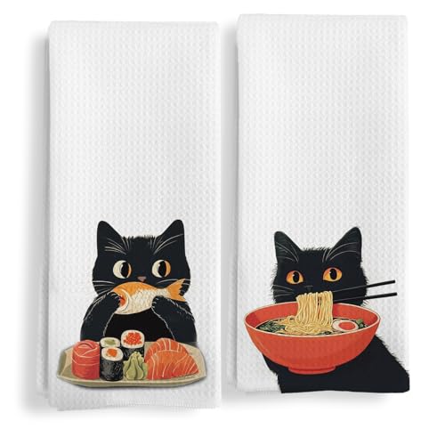 Funny Black Cat Kitchen Towels Set of 2, Cat Mom Lady Gifts for Women Hand Towels, Funny Black Kitty Decorative Dish Tea Towels for Kitchen Decor, Pet Lover Gifts, 16X24In