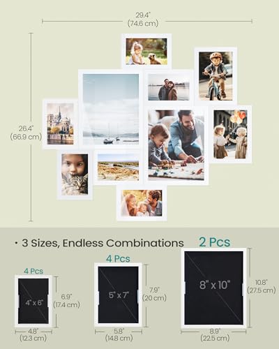 SONGMICS Picture Frames, Collage Photo Frames Set of 10, Two 8x10, Four 5x7, Four 4x6, Wall Gallery Display, Tool-Free Assembly, Cloud White URPF100WZ01 - color: Cloud White, size: 8*10 2 pack+ 5*7 4 pack + 4*6 4 pack