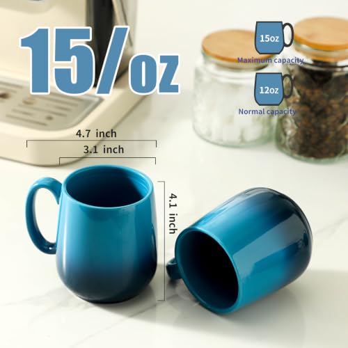HASENSE 15oz Large Ceramic Mug Set, 4-Piece Blue Ombre Coffee Cups with Handle – Microwave & Dishwasher Safe for Cappuccino Latte Tea, Housewarming Present - color: GradationBlue, size: Set of 4