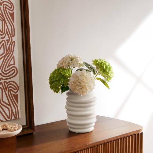 HERNEST HERNEST White Stacked Ring Ceramic Vase - Modern Ribbed Layered Donut Textured Decorative Vase