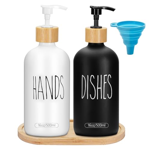 2 Pack 16 Oz Glass Soap Dispenser Set with Tray, Hand Dish Soap Dispenser Set for Bathroom and Kitchen Bottle Dispenser with Dish Soap, Hand Soap, Lotion (White（Hands） Black (Dishes)) - color: White（hands）black (Dishes)