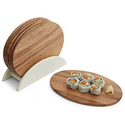 Woodard & Charles 6 Acacia Wood Serving Boards w/White Stand, 7 Piece Set | 9.5" x 6.5" Wood Serving Boards on a Stand; Serve Sushi, Cheese, Charcuterie, Appetizers and Small Bites for Any Party - color: White, size: 7 Piece Set