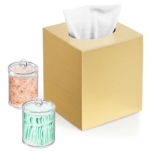 Square Acrylic Tissue Box Cover with 2 Pcs Qtip Holder Dispenser,Gold | Modern decor,plastic,bathroom vanity storage organizer set,non-slip,Easy to refill,size compatibility for tissue & rolls - color: Gold, size: 1 Tissue Box Cover with 2 Qtip Holder Dis