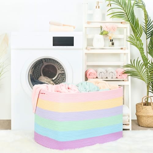 112L Extra Large Blanket Basket Holder Living Room, 25"x17"x16" Rectangle Rope Woven Storage Basket with Handles for Laundry, Towels, Shoes, Dog Toy Organizer Bin Box, Pastel Rainbow