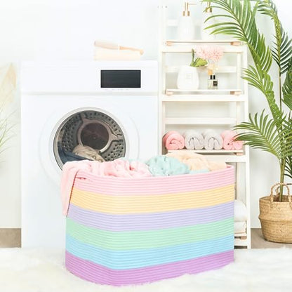 112L Extra Large Blanket Basket Holder Living Room, 25"x17"x16" Rectangle Rope Woven Storage Basket with Handles for Laundry, Towels, Shoes, Dog Toy Organizer Bin Box, Pastel Rainbow