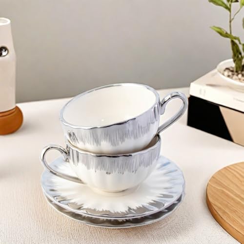 CHANJOON 6 Teacups Tea Tray Spoon Set, 6oz with Galvanized Gold Rim and Gift Box, Ceramic White English Coffee Teacup (silver, medium) - color: Silver, size: medium