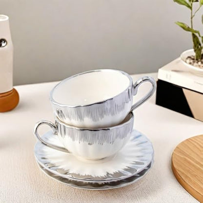 CHANJOON 6 Teacups Tea Tray Spoon Set, 6oz with Galvanized Gold Rim and Gift Box, Ceramic White English Coffee Teacup (silver, medium) - color: Silver, size: medium