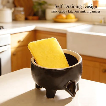 Ceramic Sponge Holder with Drainage, Black Sink Caddy Organizer | Self-Draining Kitchen Versatile Holder for Sponges, Brushes & Bar Soap, Scrubber , Quick-Dry Design, Keeps Countertop Dry