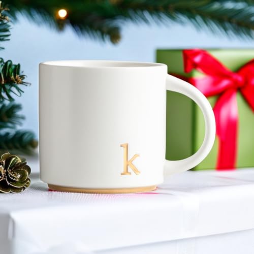 COLLECTIVE HOME Ceramic Coffee Mug, 15 oz Monogram Cup with Gift Box(K) | Dishwasher Safe, Engraved Gold Letter , Personalized Housewarming Birthday Present, Christmas Thanksgiving Mothers Day Gifts - color: gold-k