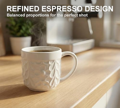 25DOL Small 3.3 Oz Ceramic Espresso Cups Set of 2 - White Cappuccino Cup with Nature Engravings and Comfort-Grip Handle - Expresso Coffee cups, Lead-Free Shot Mugs, Safe for Dishwasher, Microwave