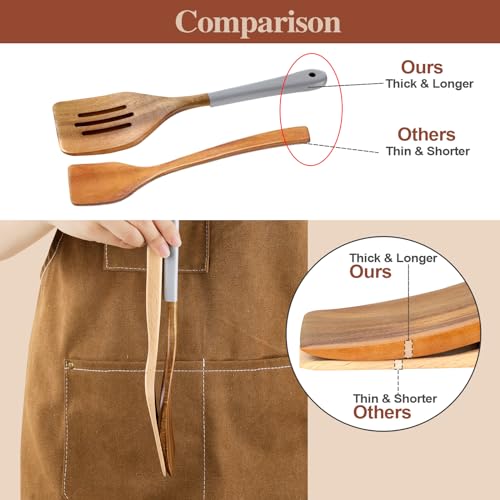 Wooden Spoons For Cooking, 6 Pieces Natural Acacia Wooden Cooking Utensils or Non-Stick Wooden Kitchen Utensil Set for Kitchen Essentials, Wood Cooking Utensils Set with Hanging Hole, Grey - color: Gray