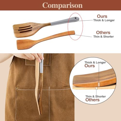 Wooden Spoons For Cooking, 6 Pieces Natural Acacia Wooden Cooking Utensils or Non-Stick Wooden Kitchen Utensil Set for Kitchen Essentials, Wood Cooking Utensils Set with Hanging Hole, Grey - color: Gray