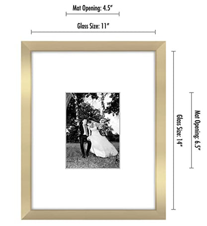 Americanflat 11x14 Picture Frame - Matted to 5x7 - Engineered Wood - Gold | Shatter-resistant glass, hangs vertical or horizontal, sawtooth hangers included, use with or without mat - color: Gold