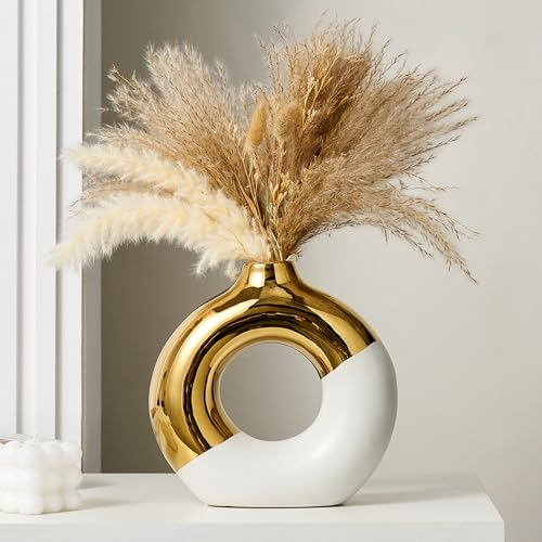 FJS White and Gold Decorative Vase, Round Vase Centerpiece for Table Decor | Ceramic White and Gold Vase for Pampas Grass, 10"L x 10"H Round Centerpiece for Living Room Decor, Coffee Table, Shelf Decor - color: White & Gold, size: Super Large(10"L×10"H)