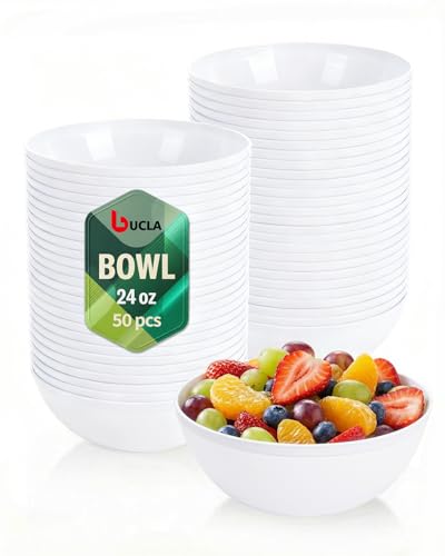 bUCLA 50 Pack White Plastic Serving Bowls - 24oz Disposable Bowls for Salad, Cereal, Dessert, Fruit & Chip - Ideal for Wedding & Party - color: White, size: 24oz