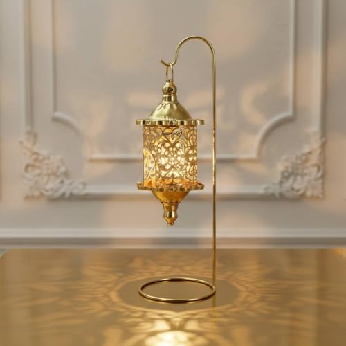 Gralara Hanging Candle Lantern with Stand Wrought Iron Baroque Style Lantern Romantic Atmosphere Hollow Metal Candle Holder for Living Room, Tabletop, Wedding, Gold