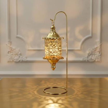 Gralara Hanging Candle Lantern with Stand Wrought Iron Baroque Style Lantern Romantic Atmosphere Hollow Metal Candle Holder for Living Room, Tabletop, Wedding, Gold