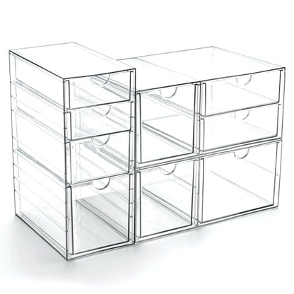 Prsildan Acrylic Drawer Makeup Organizer with 9 Drawers, Set of 3 Office Desk Organizers Accessories, Clear Stackable Storage Drawers for Vanity, Countertop, Craft, Jewelry, Art Supply Organization - size: 9 Drawers