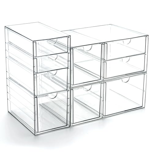 Prsildan Acrylic Drawer Makeup Organizer with 9 Drawers, Set of 3 Office Desk Organizers Accessories, Clear Stackable Storage Drawers for Vanity, Countertop, Craft, Jewelry, Art Supply Organization - size: 9 Drawers