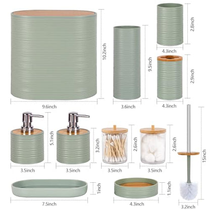 10 PCS Green Bathroom Accessories Set with Trash Can Bathroom Accessory | All-in-One Kit with Trash Can,Toothbrush Holder,Soap Dispenser,Toothbrush Cup,Vanity Tray,Soap Dish,Toilet Brush etc for Home - color: Lightgreen