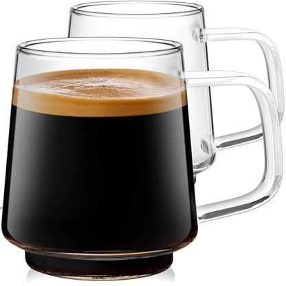 Aquach 16oz Stackable Glass Mugs Set of 2, Large Clear Coffee Tea Cups | Dishwasher/Microwave Safe, Borosilicate Glass, Comfort Handle, Smooth Rim, Stackable, Large Capacity - size: 16 oz