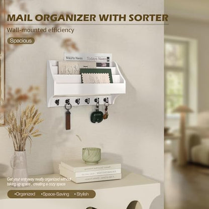 Rebee Vision Mail Organizer Wall Mounted with 6 Key Hooks for Office, White | Pine Wood, Key Holder Wall Mount, Mail Holder, 3-Tier Letter Slots, key Hanger, Entryway Storage, Apartment Rustic Aesthetic - color: White