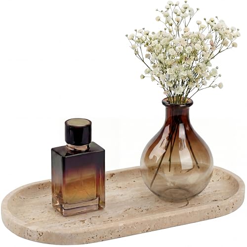 YKAJO Natural Travertine Beige Oval Marble Tray, 11.8x5.9 Vanity Organizer | Honed natural stone; jewelry & trinket dish, ring & key holder, soap & candle catchall; bath counter, dresser, coffee table - color: Natural Travertine Beige, size: 11.8" x 5.9"