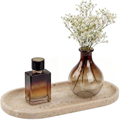 YKAJO Natural Travertine Beige Oval Marble Tray, 11.8x5.9 Vanity Organizer | Honed natural stone; jewelry & trinket dish, ring & key holder, soap & candle catchall; bath counter, dresser, coffee table - color: Natural Travertine Beige, size: 11.8" x 5.9"