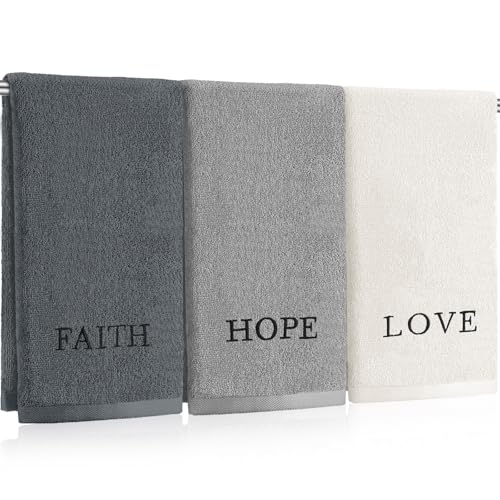 3 Pcs Hand Towels Bathroom Set,Gray,Faith Hope Love | Embroidered Cotton Farmhouse Towels, Kitchen Decor, Rustic Boho Decorative with Text Labels, Guest Bath Home - color: Gray, style: Faith Hope Love