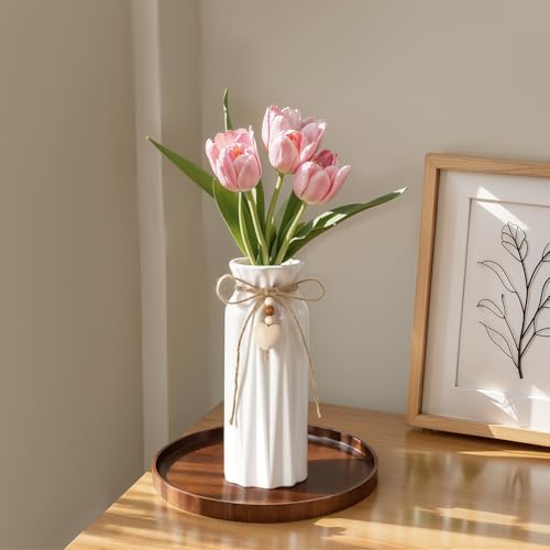 Elegant 8 Inch Ceramic Vase with Geometric Pattern, Decorative Vase with Jute Rope & Heart Charm for Home Décor, Table Centerpieces, and Gifts, Ideal for Living Room, Bedroom, and Office - style: Diamond