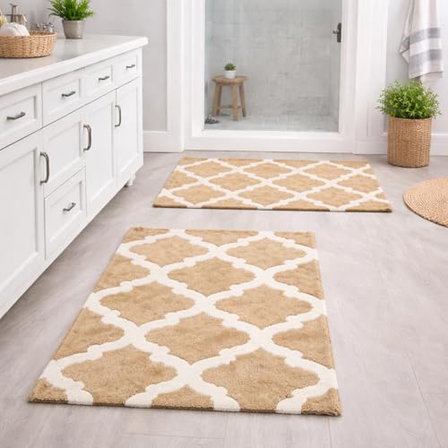 C23 Bathroom Rug Set of 2 (20"x32" & 16"x24") - 2200 GSM Ultra-Absorbent Plush Bath Mats Beige & White - color: Beige/White