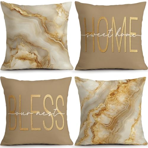 Beige Gold Marble Pillow Covers Set of 4, 18x18 Home Sweet Sofa Decor | Faux Linen Beige Gold Marble Pillow Covers with Home Sweet Design Add Warm Farmhouse Charm to Sofa Porch Bedroom - color: Home Sweet Beige Marble, size: 18" x 18" (Pack of 4)