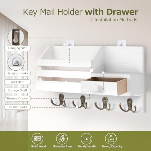 Key Holder Wall Mount, Wooden Key and Mail Organizer, White | 2 Mount Options, Includes 8 Hooks, Fence Mail Slot, Small Drawer and Shelf, for Entryway, Hallway, Doorway, Living Room, RV - color: White