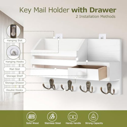Key Holder Wall Mount, Wooden Key and Mail Organizer, White | 2 Mount Options, Includes 8 Hooks, Fence Mail Slot, Small Drawer and Shelf, for Entryway, Hallway, Doorway, Living Room, RV - color: White