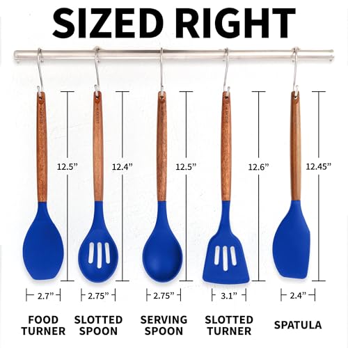 Zulay Kitchen 5 Piece Silicone Utensil Set | Non-Stick Silicone Cooking Utensils Set with Acacia Wood Handles - 464°F Heat Resistance Kitchen Utensils Set - Dark Blue - color: Royal Blue, size: 5-Piece Set