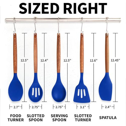 Zulay Kitchen 5 Piece Silicone Utensil Set | Non-Stick Silicone Cooking Utensils Set with Acacia Wood Handles - 464°F Heat Resistance Kitchen Utensils Set - Dark Blue - color: Royal Blue, size: 5-Piece Set