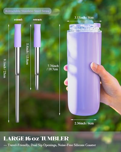 16 oz Insulated Coffee Tumblers, Travel Coffee Tumblers with Straw (Purple) | Double-Wall Stainless Steel Tumbler, Leak Proof Tumbler, Reusable Cups with Lids for lced and Hot Drinks - color: 16-Purple, size: 16 Ounces
