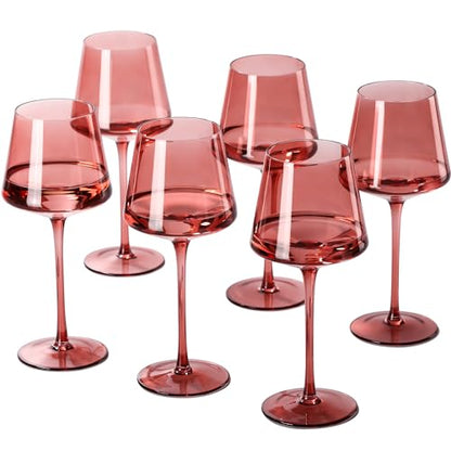 Rose Wine Glasses Set of 6,18oz Rose Wine Glassware Gift Set for Wife & Mom-Colorful Hand Blown Glass Drinkware for Red White Wine - color: Rose