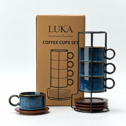 LUKA 6 Ounce Porcelain Stackable Espresso Cups with Saucers and Metal Stand Set of 4, Ceramic Cappuccino Cups Set for Specialty Coffee Drinks, Latte, Cafe Mocha and Tea, Reactive Blue - color: Reactive Blue