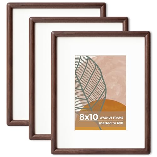 8 x 10 Walnut Frame Set of 3 - Rounded Corner 8x10 Picture Frame Matted to 5x7 - Walnut Wood 8 x 10 Photo Frame with Tempered Glass for Wall Mount or Tabletop Display - color: Walnut, size: 8x10 - 3P