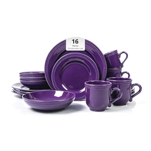 HomeVSS 16-PC Pearl Dots Stoneware Dinnerware Set, Purple, Service for 4 | plates and bowls sets，dinnerware sets for 4,Pearl Dots Dinnerware，Microwave and Dishwasher Safe - color: Purple, size: 16pc Set