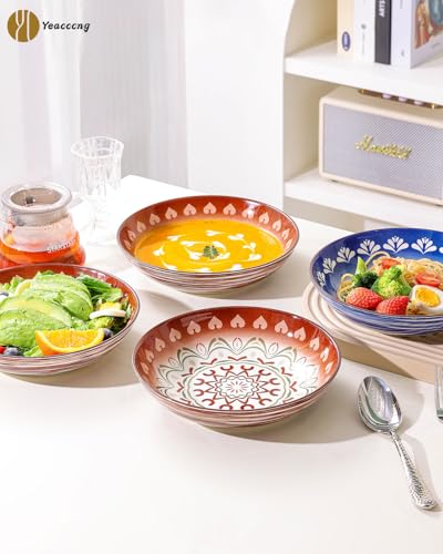 Yeacccng Bohemian Pasta Bowls Set of 6, 8.5 Inch 35 Oz Ceramic Serving Bowls, Blue Color Block Design, Lead-Free Cadmium-Free, Dishwasher Microwave Oven Safe, Scratch-Resistant Salad Soup Bowls - size: 8.5 inch pasta bowl (Blue*6)