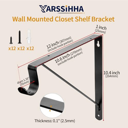 Yarssihha 6 Pack Closet Rod Bracket, 12 x 10.4 Inch Wall Mounted Closet Shelf Bracket, Black Closet Rod Support Bracket with Screws - style: Black-6 pack