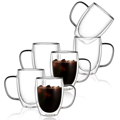 CNGLASS 6 Pack Double Walled Glass Coffee Mugs，12oz Clear Coffee Cups with Handle，Insulated Glass Espresso Mugs for Latte,Cappuccino,Tea - color: 12oz(6-pack)