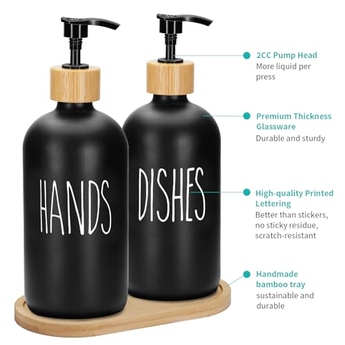 2 Pack 16 Oz Glass Soap Dispenser Set with Tray, Hand Dish Soap Dispenser Set for Bathroom and Kitchen Bottle Dispenser with Dish Soap, Hand Soap, Lotion (Black（Hands） Black (Dishes)) - color: Black（hands）black (Dishes)