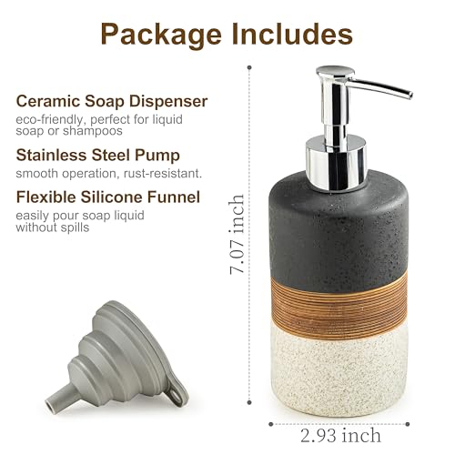 Ceramic Dish Soap Dispenser for Kitchen, Hand Soap Dispenser | Bathroom Soap Dispenser Set with Silicone Funnel, Stainless Steel Pump | Shampoo and Conditioner Dispenser, 12 Oz Black - color: Black and White, size: 1xSoap Dispenser