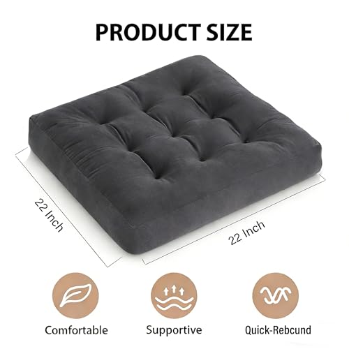 Square Floor Pillow Cushion, 22x22 Inch Meditation Pillow, Black | Thick Tufted, Soft Velvet Seat Cushion, for Yoga, Gaming, Reading, Living Room, Tatami, Chair - color: Black