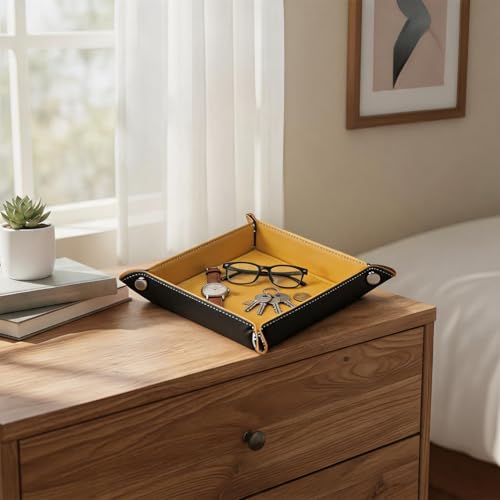 Valet Tray Desktop Storage Organizer – Vegan Leather Catchall Tray Bedside Vanity Tray Nightstand Caddy Holder for Remote Controller, Watch, Keys, Phone, Wallet, Coin, Jewelry, Yellow - color: Yellow