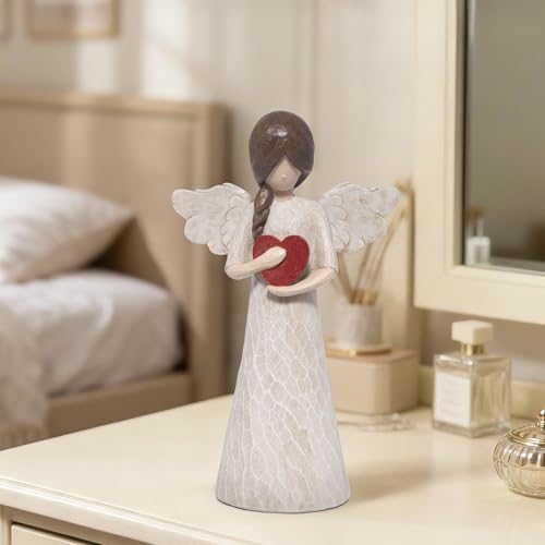 Hodao Angel Figurine with Heart — Wood-Carved Look Resin Christmas Decorations, Indoor Home Decor Ornaments, 8.5" Tall Guardian with Red Heart, Hand-Painted Figurines for Shelf, Mantel & Gift-Giving - style: Z-holding heart-big