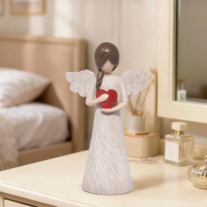 Hodao Angel Figurine with Heart — Wood-Carved Look Resin Christmas Decorations, Indoor Home Decor Ornaments, 8.5" Tall Guardian with Red Heart, Hand-Painted Figurines for Shelf, Mantel & Gift-Giving - style: Z-holding heart-big